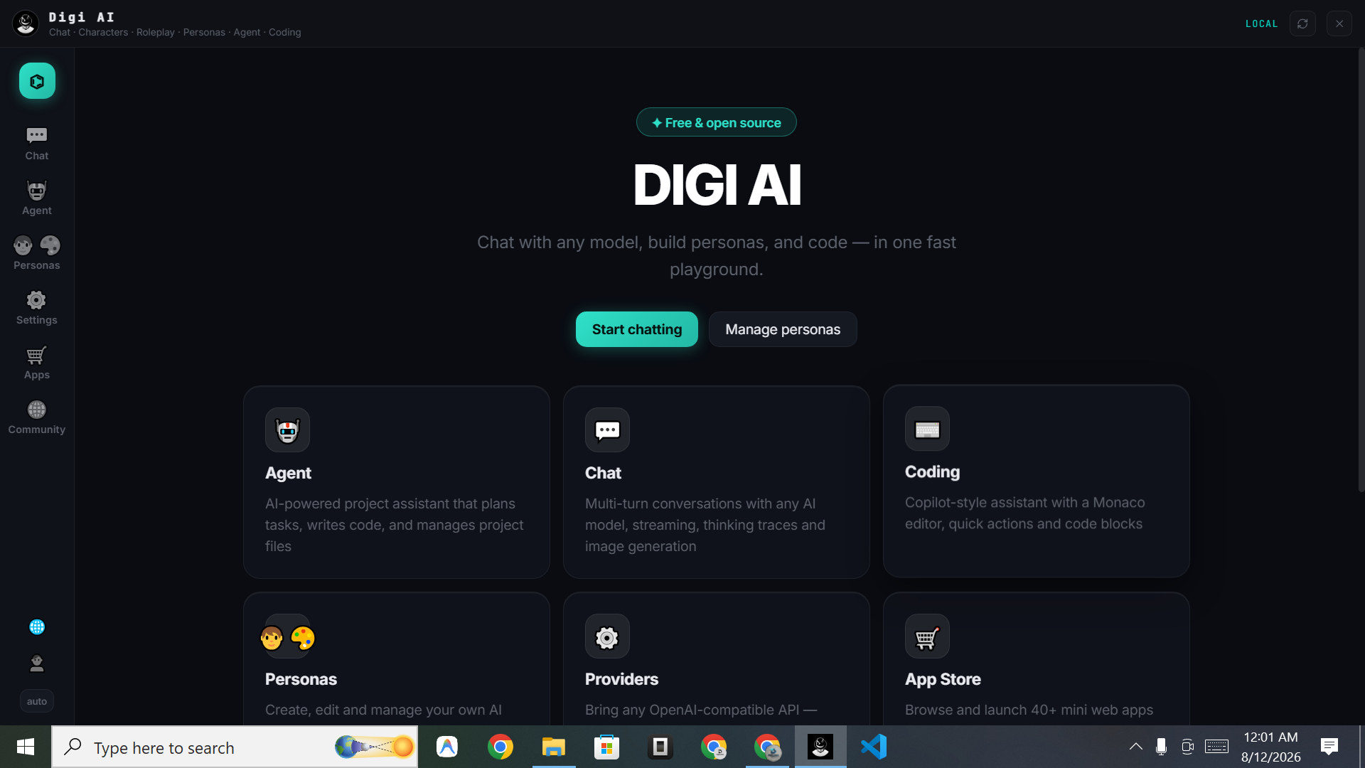 DIGI BIZ OS Digi AI Hub screenshot — Chat, code, personas and agents in one playground.