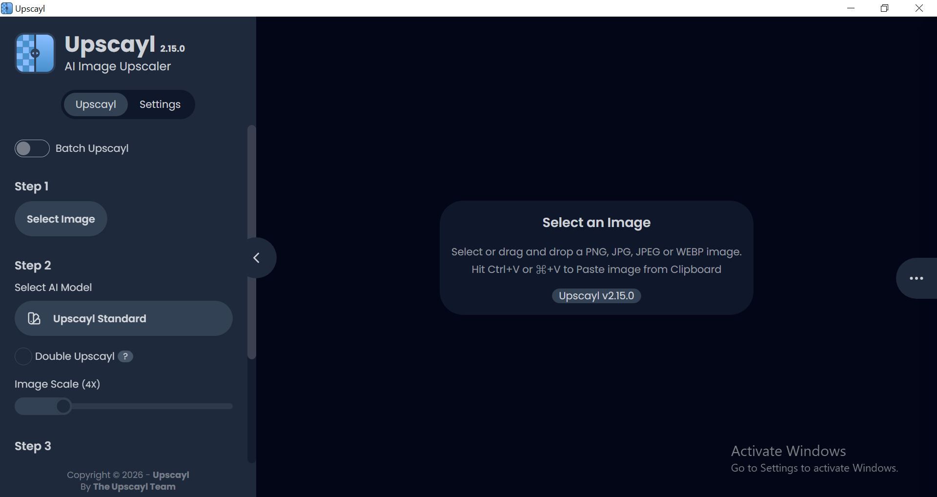 Upscayl 2.15.0 desktop app interface showing batch upscayl toggle, AI model selection and 4x image scale on Windows