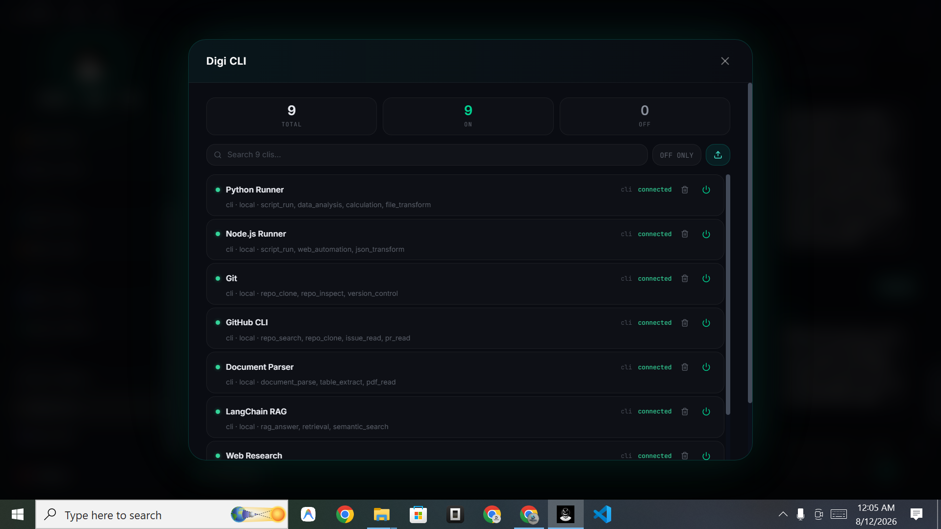 DIGI BIZ OS Digi CLI screenshot — Connect local runners and toggle them live.