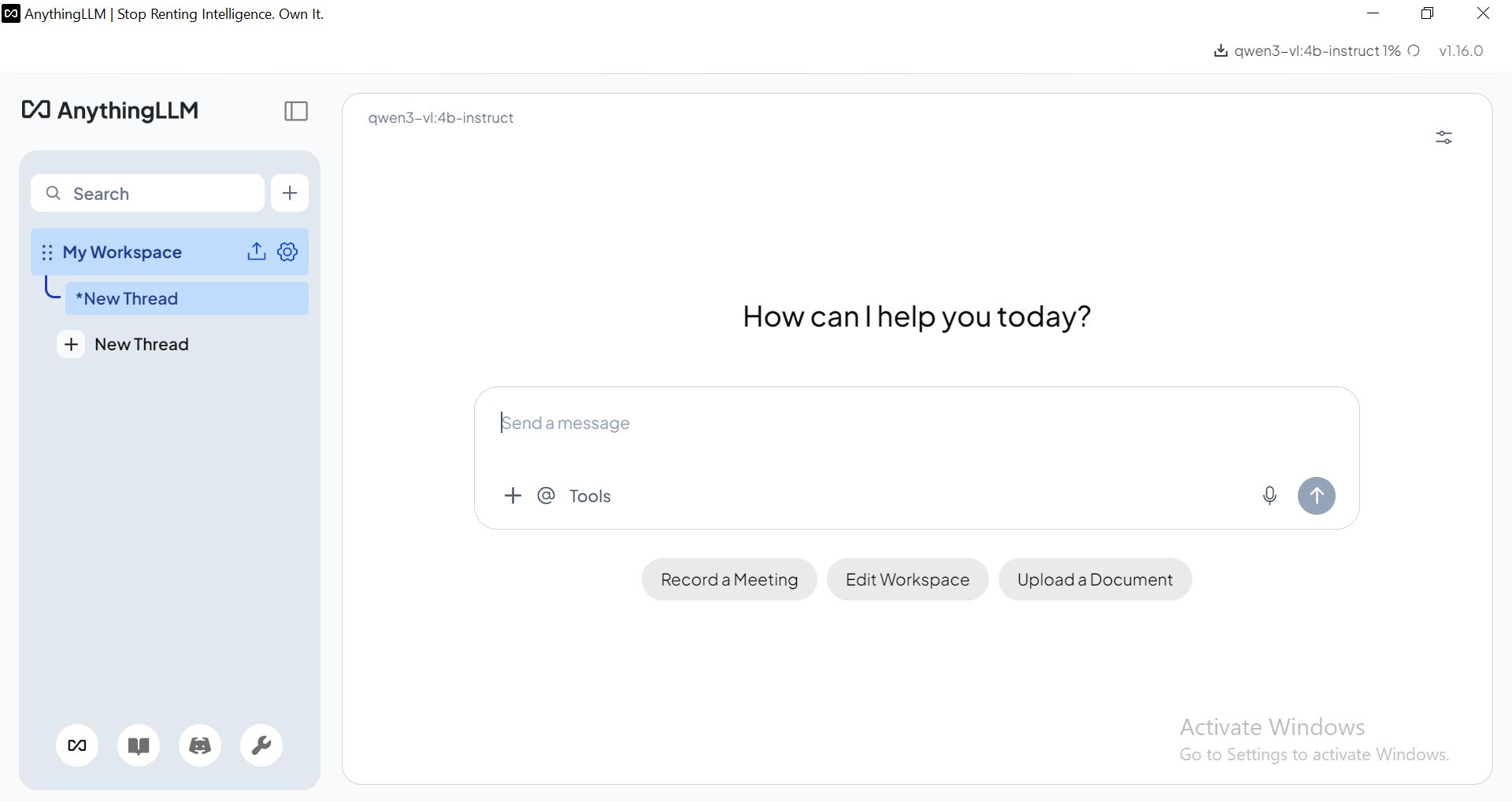AnythingLLM desktop app running on Windows showing the chat workspace with document upload and thread sidebar