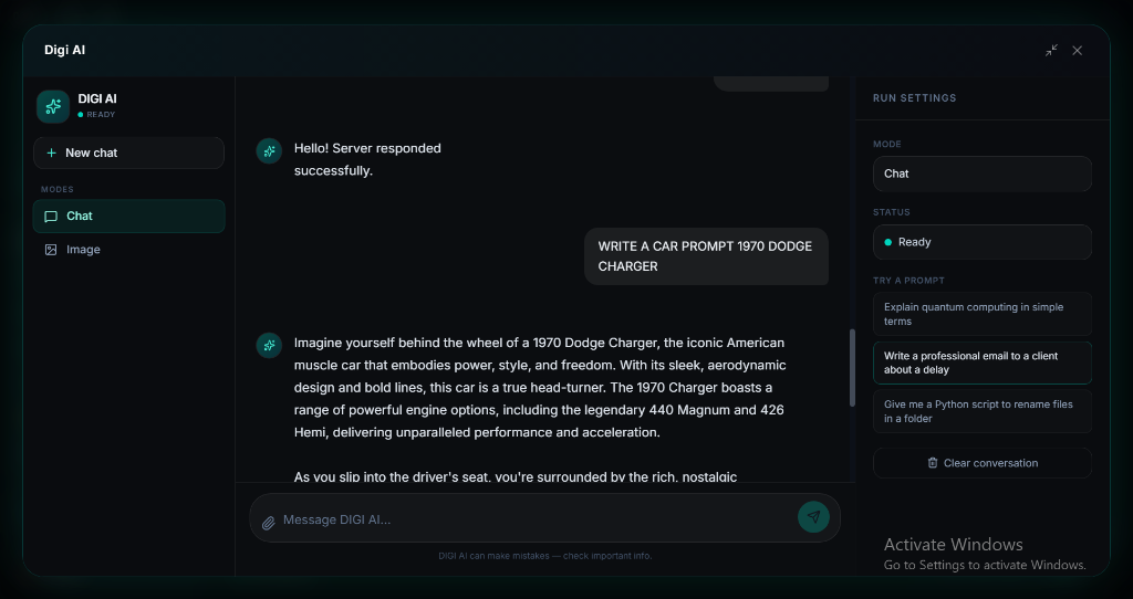 DIGI BIZ OS Digi AI Hub screenshot — Chat, code, personas and agents in one playground.
