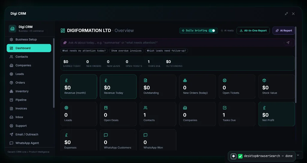 Digi CRM executive dashboard and pipeline manager in DIGI BIZ OS